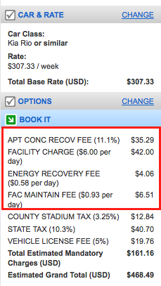 Screenshot of a competitor's rental car reservation showing airport concession fees, facility charges, and tourism taxes added to the base rate